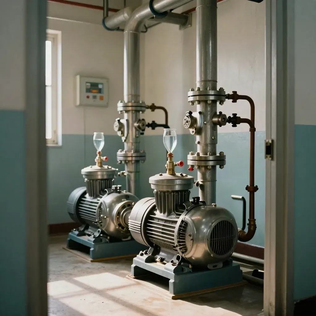 Pomieszczenie pomp i filtrów z dwiema pompami, rurami i suchą posadzką, widok z wejścia